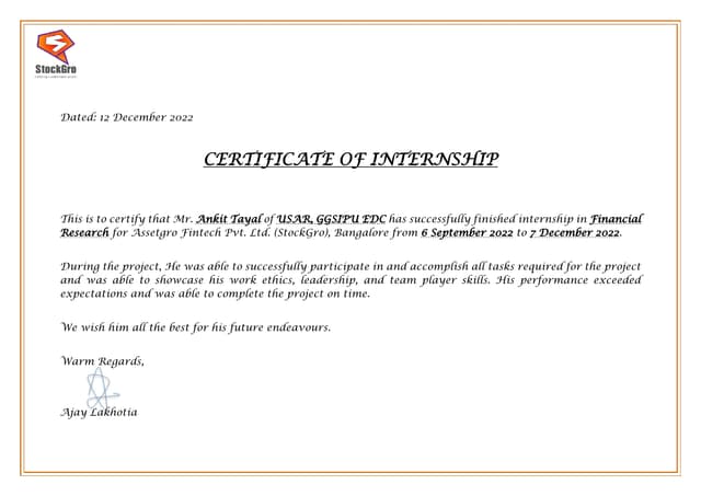 StockGro Internship Certificate